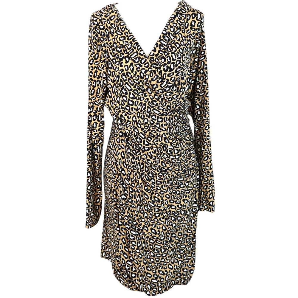 Banana Republic Cheetah Faux Wrap Dress Long Sleeves Leopard Ruched Vneck Large